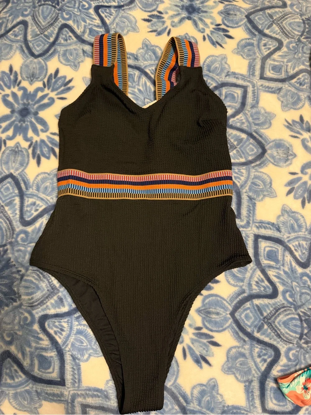 Cupshe Black One-Piece Swimsuit with Multicolor Striped Waistband and Straps